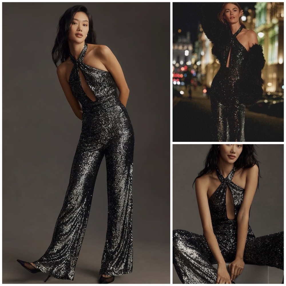 Anthropologie ~ Maeve Sequin Sparkly Halter Jumpsuit